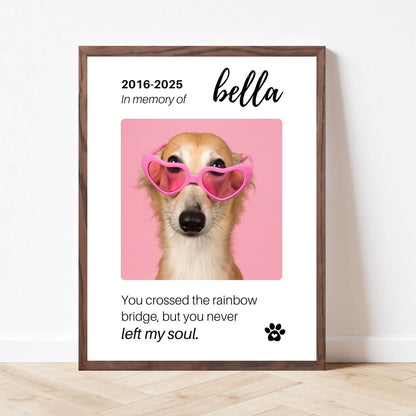 Personalized Dog Memorial Frame – "Rainbow Bridge, Never Left" – Vertical