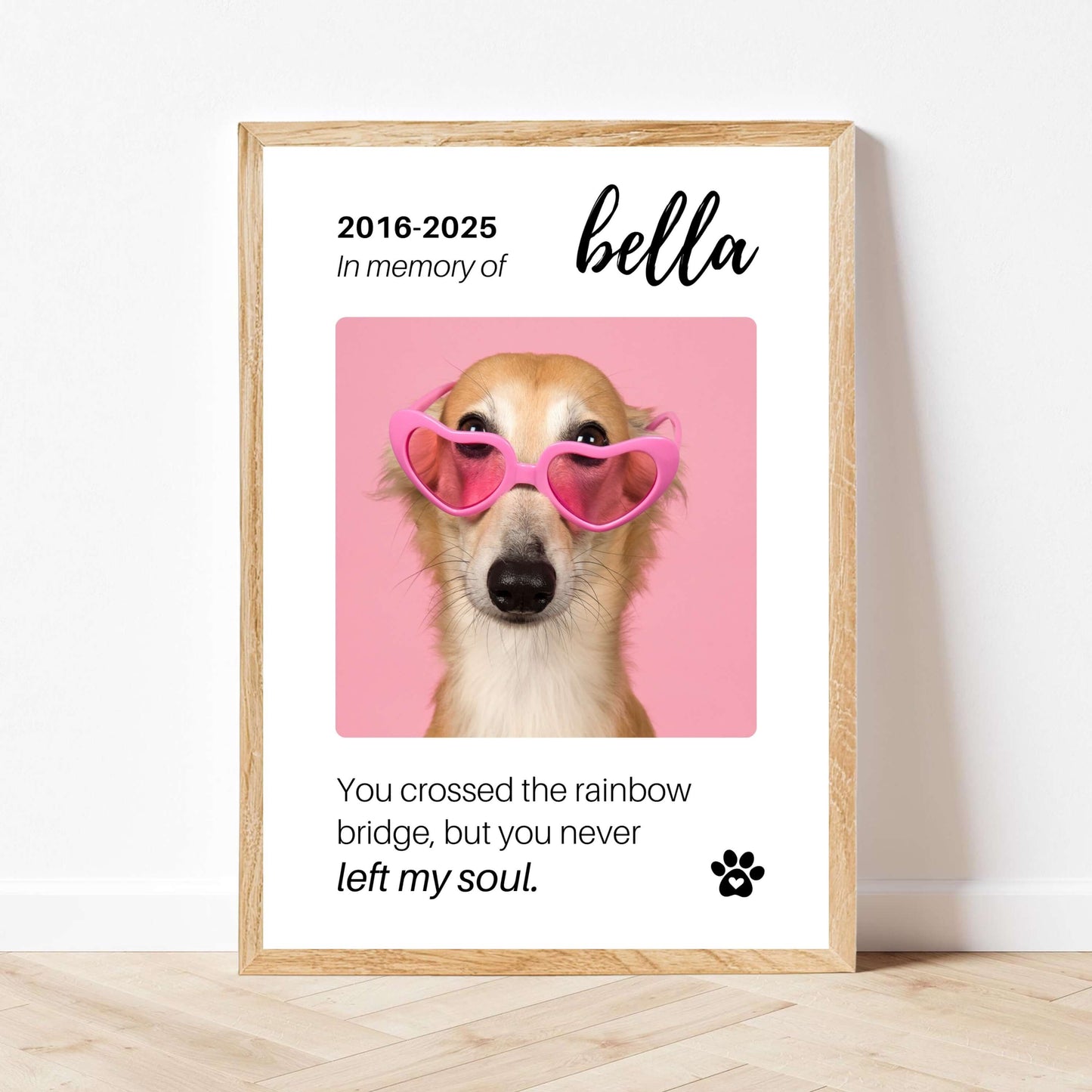 Personalized Dog Memorial Frame – "Rainbow Bridge, Never Left" – Vertical
