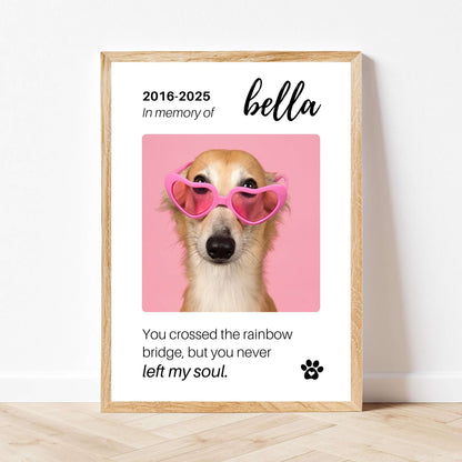 Personalized Dog Memorial Frame – "Rainbow Bridge, Never Left" – Vertical