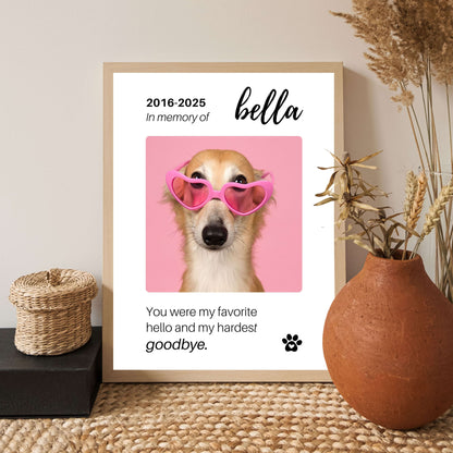 Personalized Dog Memorial Frame – "Favorite Hello, Hardest Goodbye" – Vertical