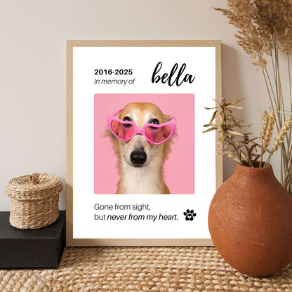 Personalized Dog Memorial Frame – "Never From My Heart" – Vertical