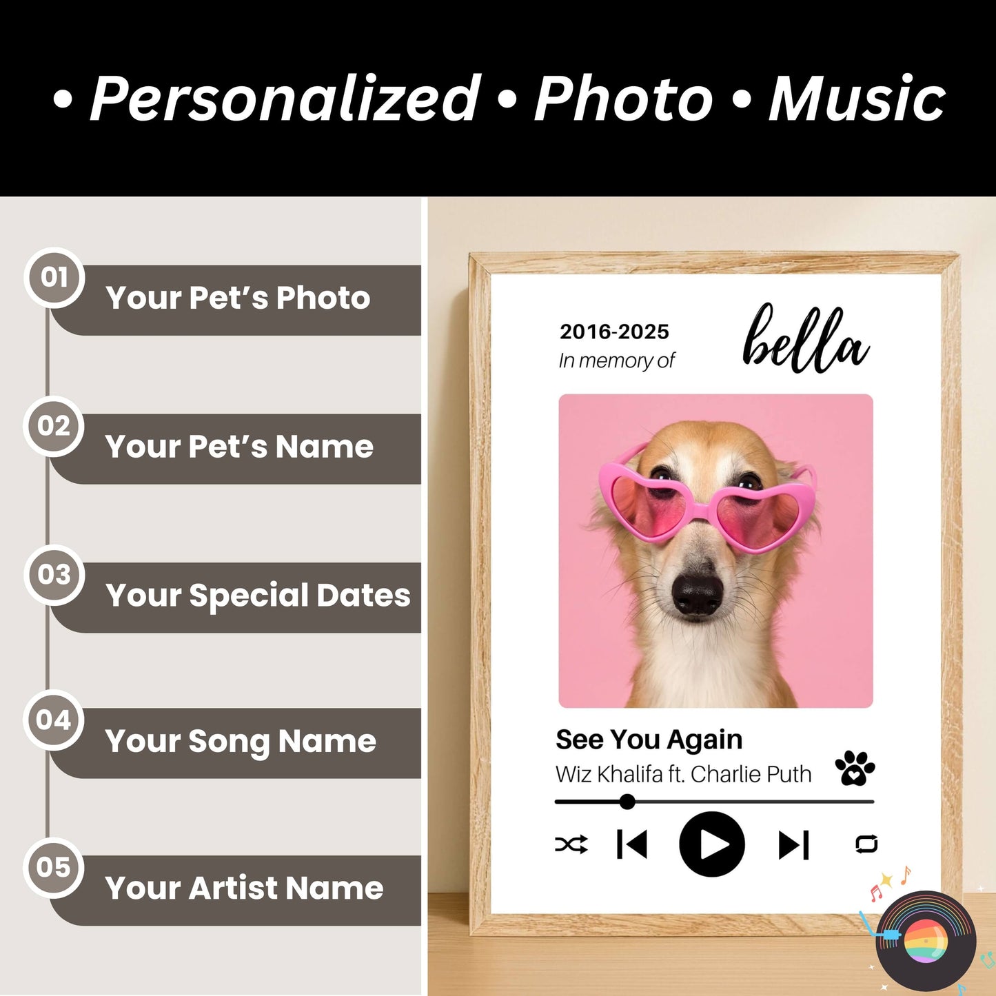 Personalized Dog Memorial Frame – Tribute with Music – Vertical