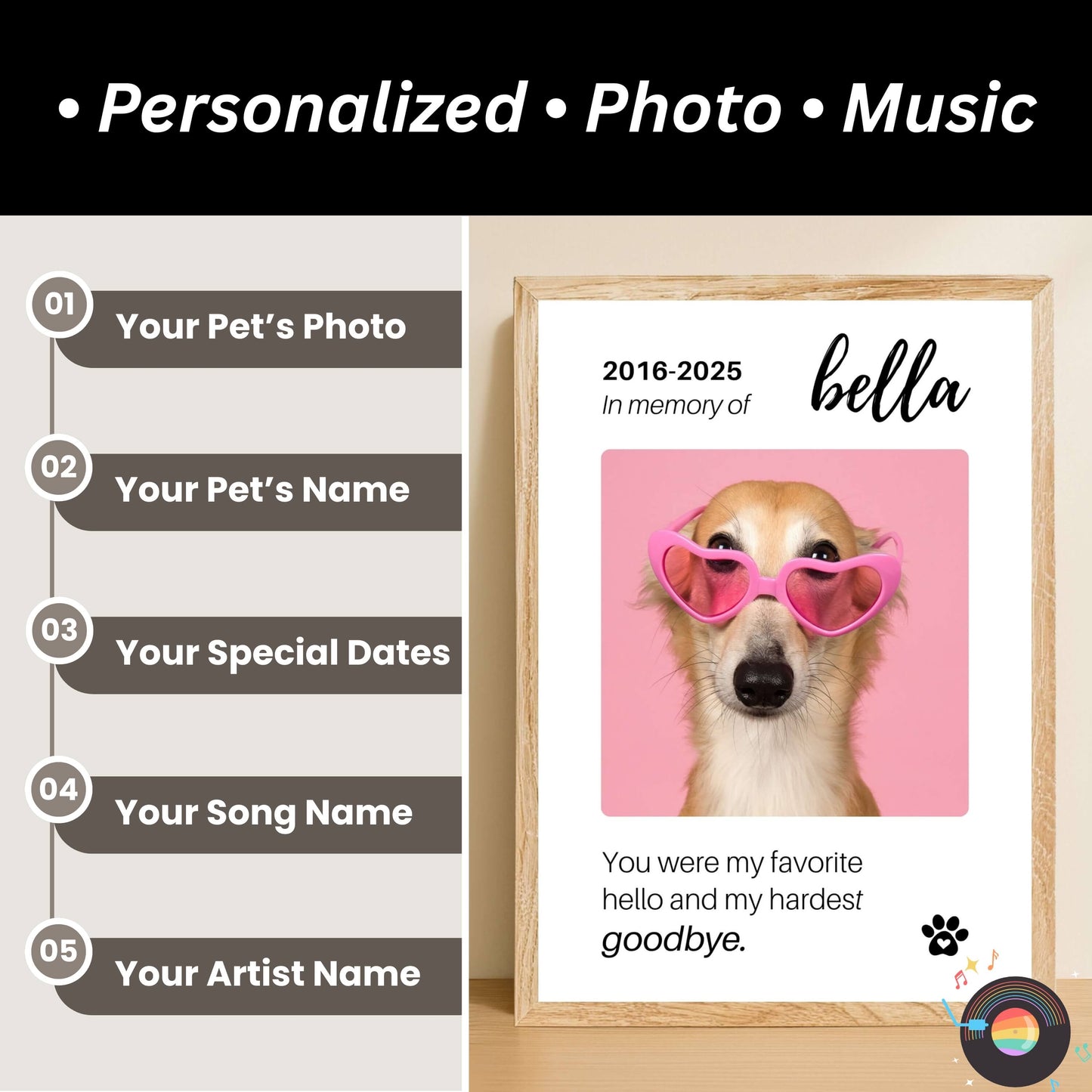 Personalized Dog Memorial Frame – "Favorite Hello, Hardest Goodbye" – Vertical