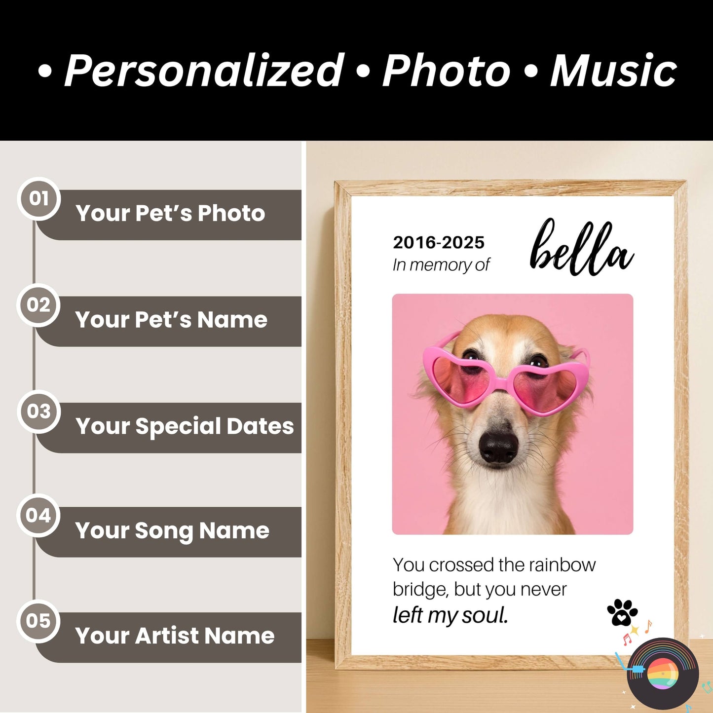Personalized Dog Memorial Frame – "Rainbow Bridge, Never Left" – Vertical