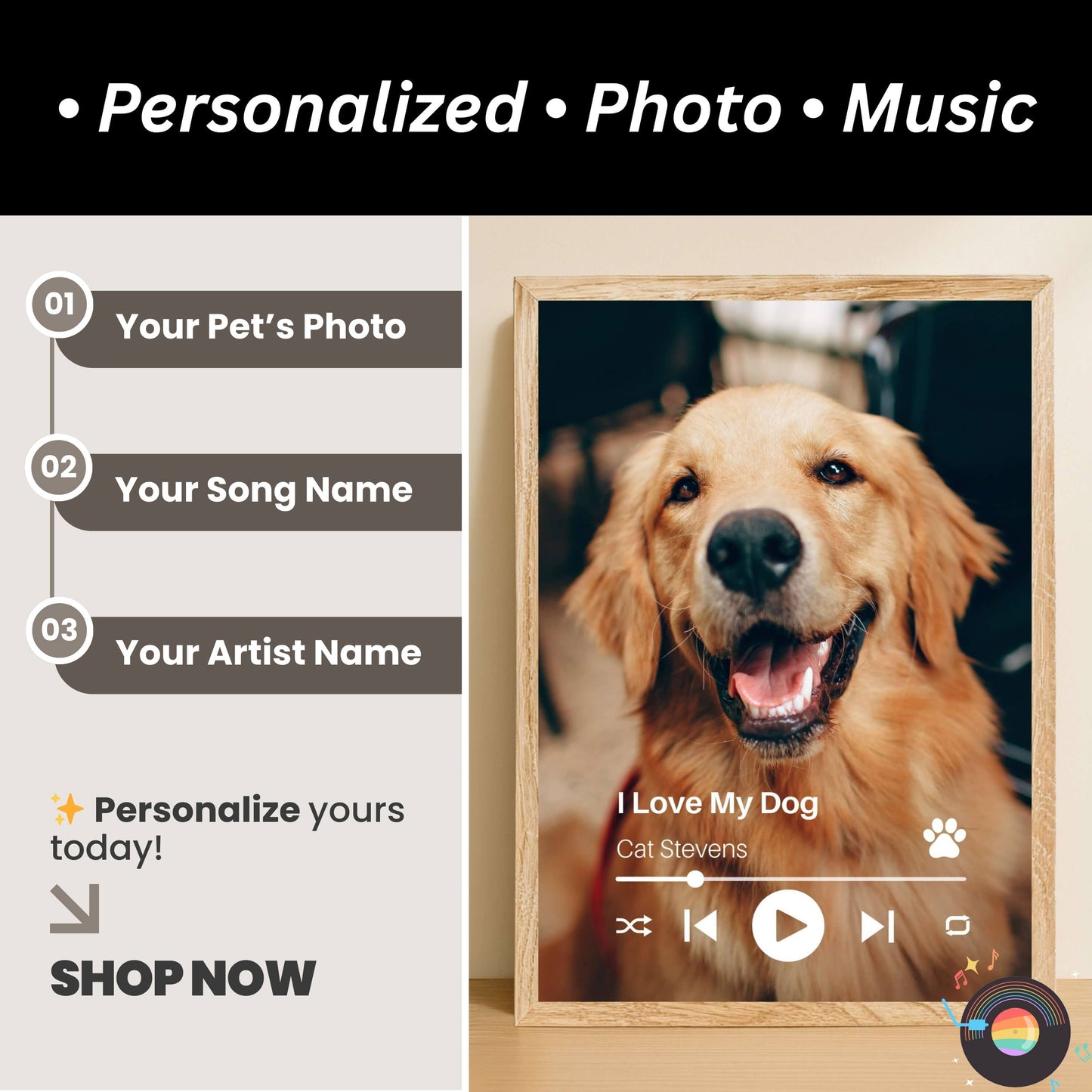 Personalized Dog Lovers Frame – Custom Photo Music Gift – Vertical