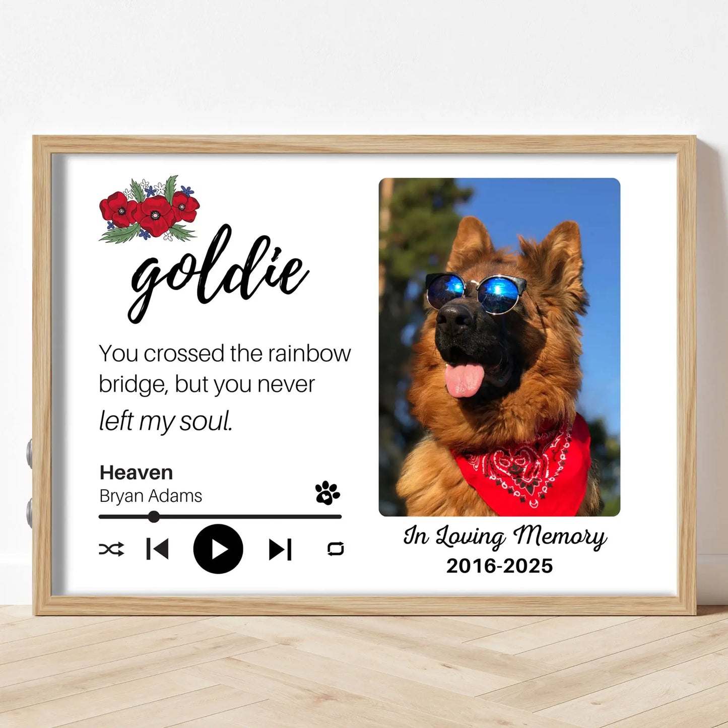 Personalized Dog Memorial Frame – "Rainbow Bridge, Never Left" – Poppy Floral – Horizontal