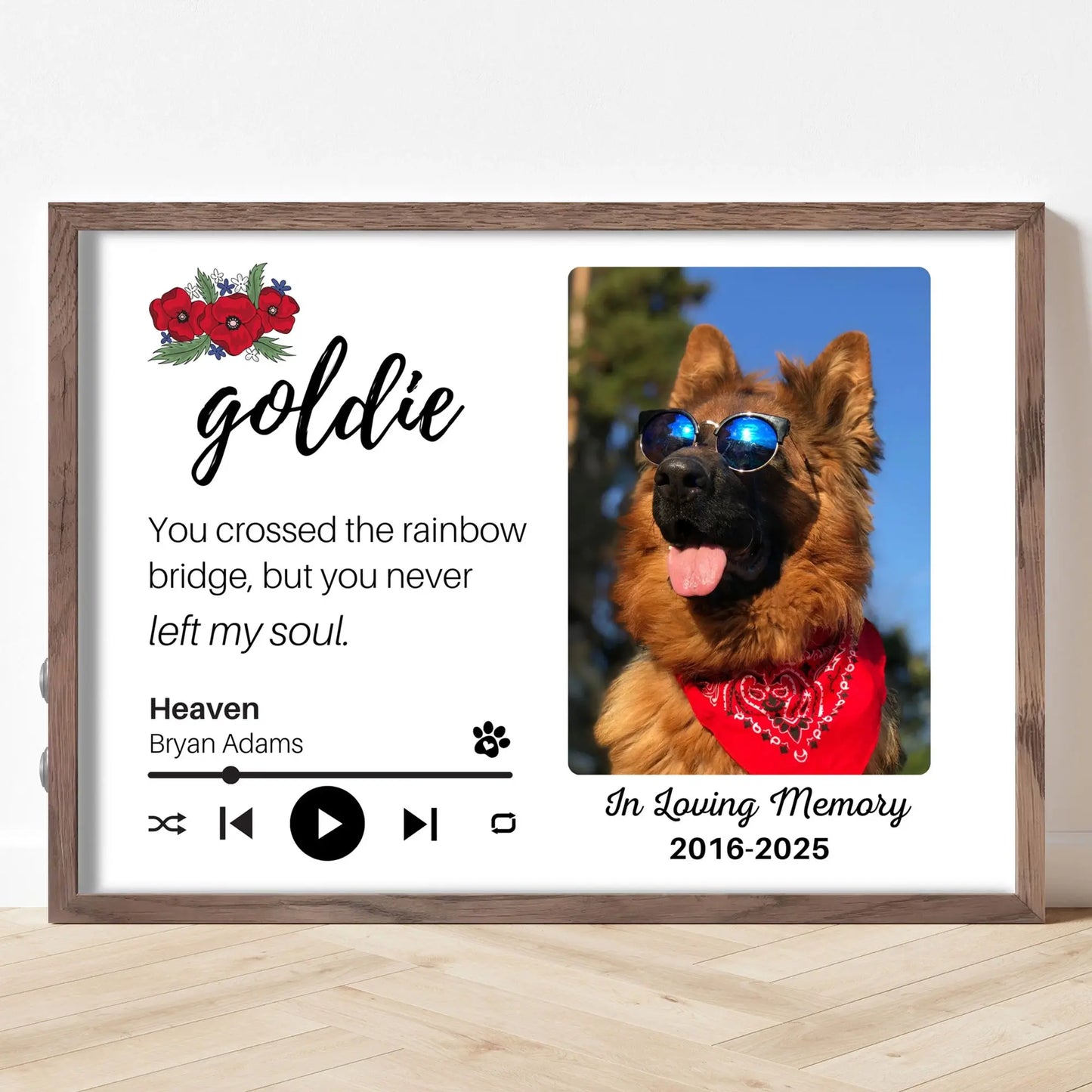 Personalized Dog Memorial Frame – "Rainbow Bridge, Never Left" – Poppy Floral – Horizontal