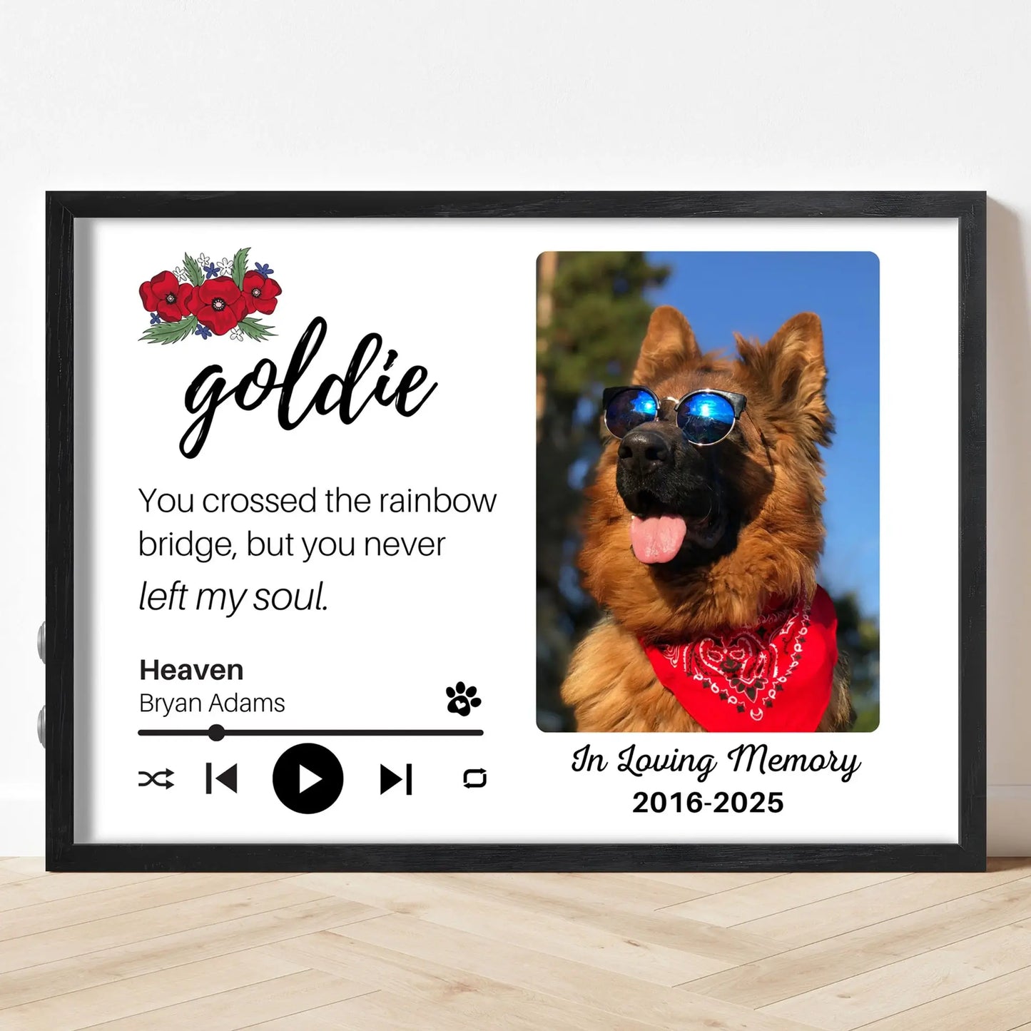 Personalized Dog Memorial Frame – "Rainbow Bridge, Never Left" – Poppy Floral – Horizontal