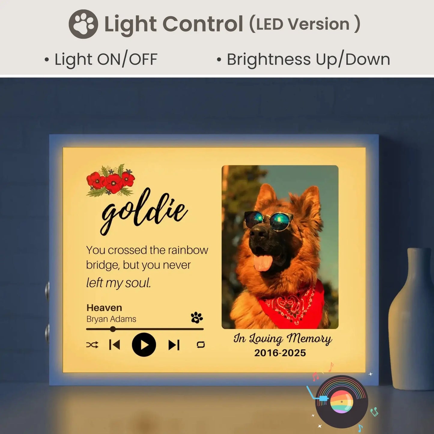 Personalized Dog Memorial Frame – "Rainbow Bridge, Never Left" – Poppy Floral – Horizontal