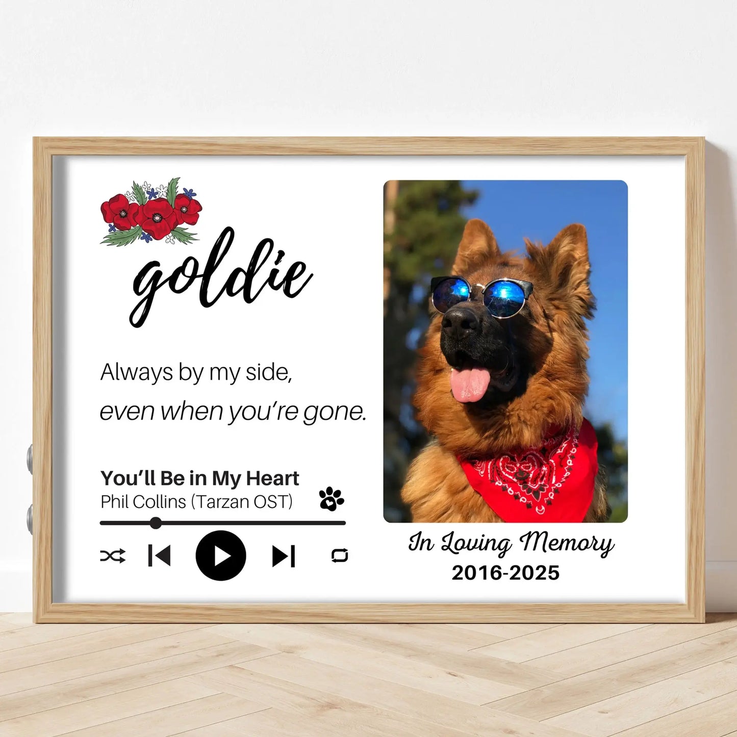 Personalized Dog Memorial Frame – "Always By My Side" – Poppy Floral – Horizontal