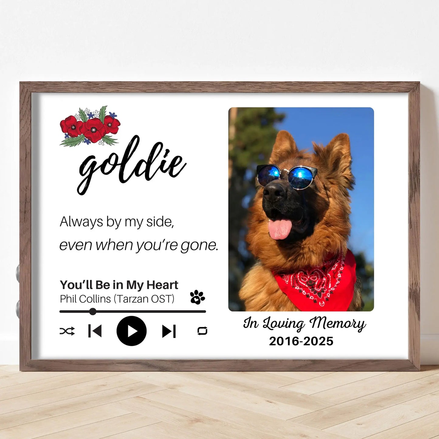 Personalized Dog Memorial Frame – "Always By My Side" – Poppy Floral – Horizontal