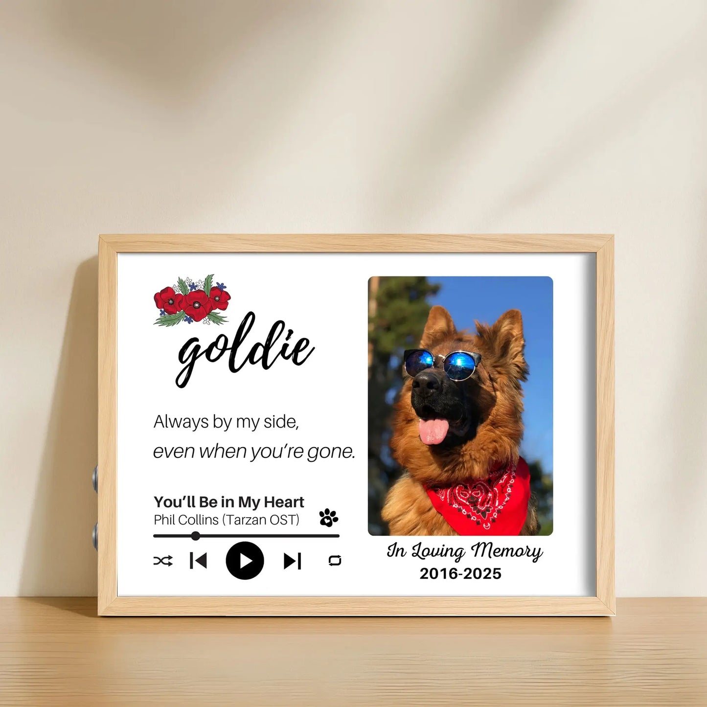 Personalized Dog Memorial Frame – "Always By My Side" – Poppy Floral – Horizontal