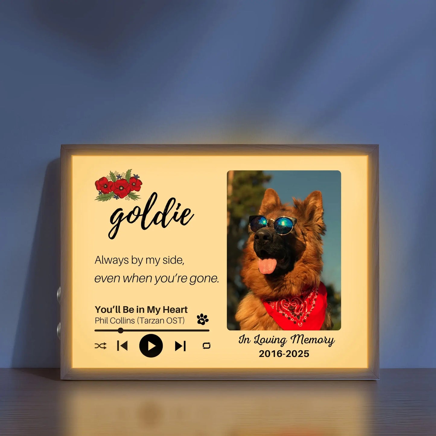 Personalized Dog Memorial Frame – "Always By My Side" – Poppy Floral – Horizontal