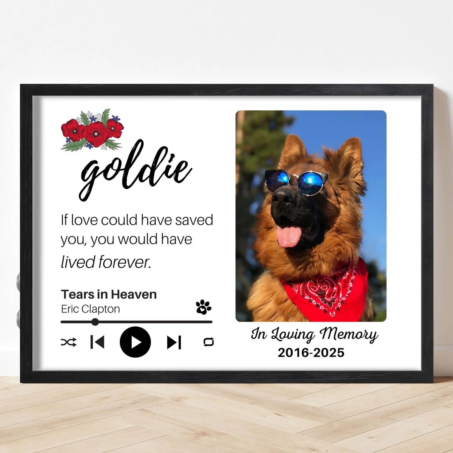 Personalized Dog Memorial Frame – "Lived Forever" – Poppy Floral – Horizontal