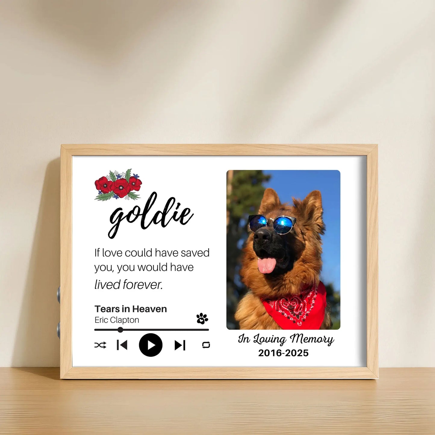 Personalized Dog Memorial Frame – "Lived Forever" – Poppy Floral – Horizontal