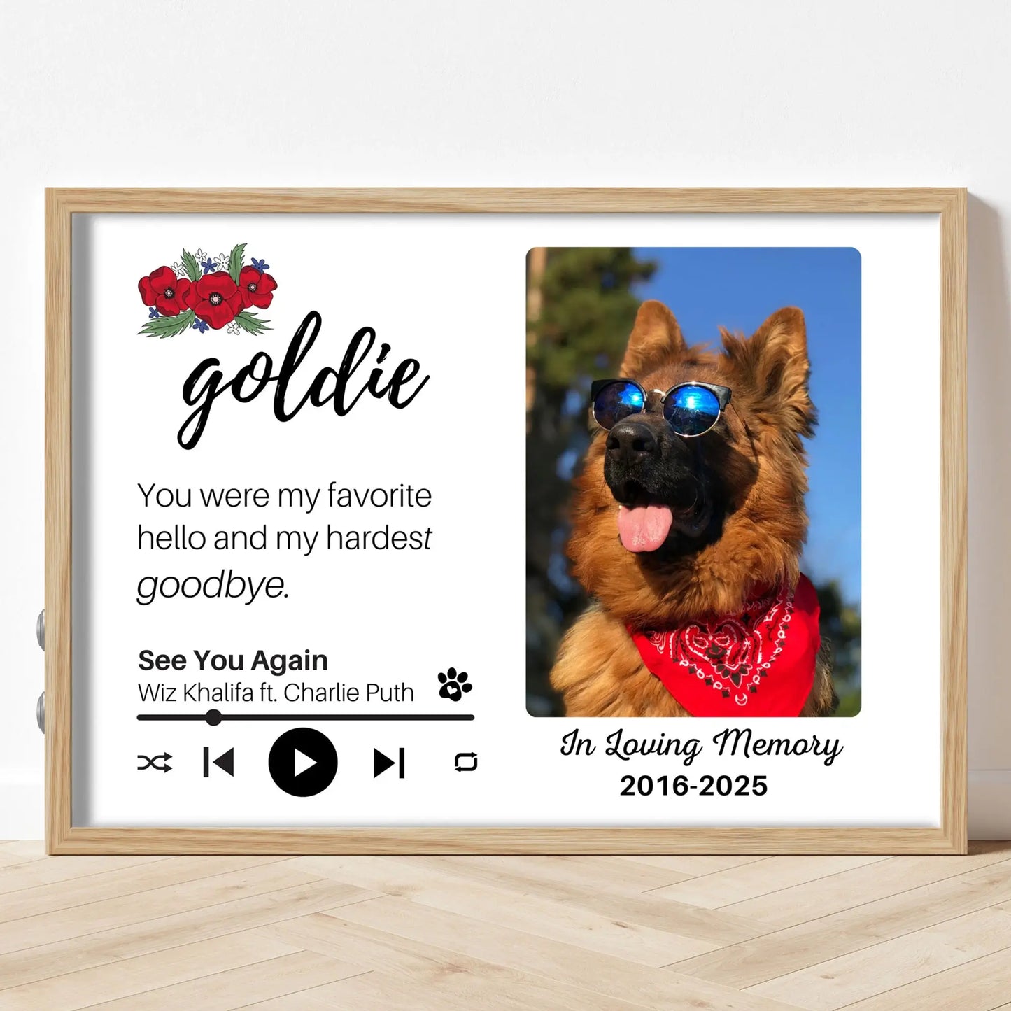 Personalized Dog Memorial Frame – "Favorite Hello, Hardest Goodbye" – Poppy Floral – Horizontal