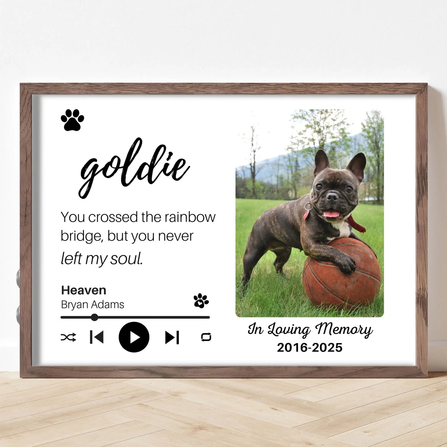 Personalized Dog Memorial Frame – "Rainbow Bridge, Never Left" – Horizontal