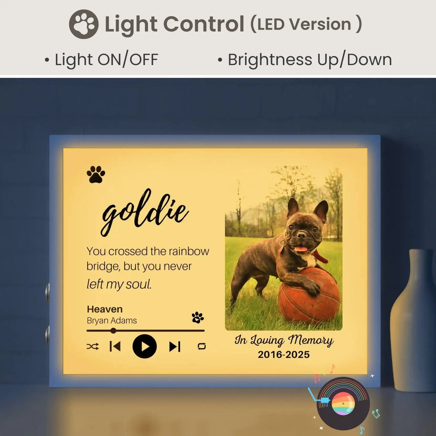 Personalized Dog Memorial Frame – "Rainbow Bridge, Never Left" – Horizontal