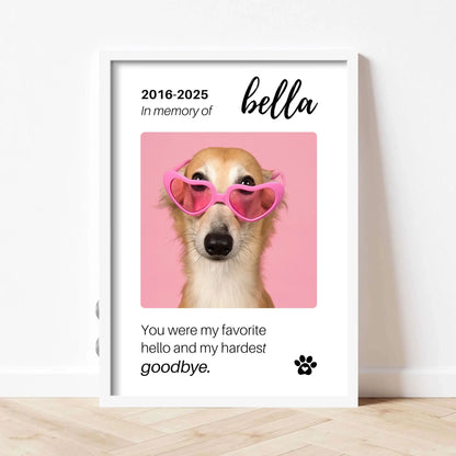 Personalized Dog Memorial Frame – "Favorite Hello, Hardest Goodbye" – Vertical