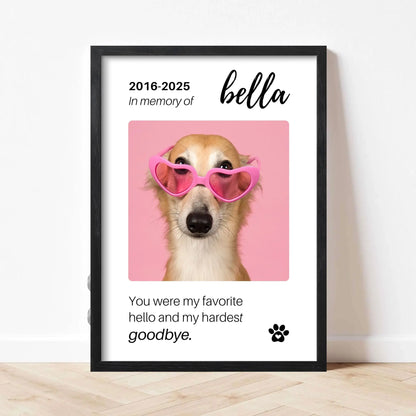 Personalized Dog Memorial Frame – "Favorite Hello, Hardest Goodbye" – Vertical