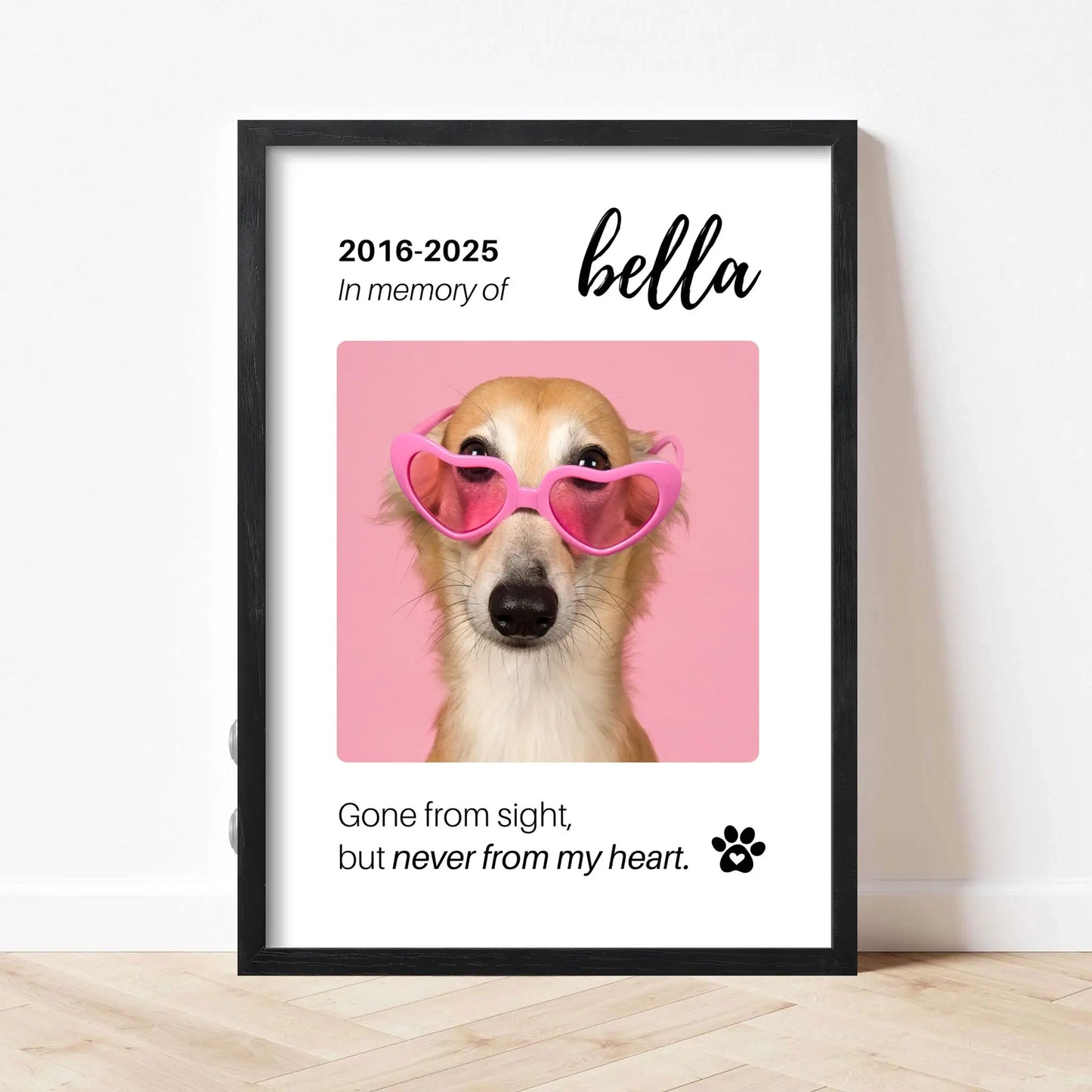 Personalized Dog Memorial Frame – "Never From My Heart" – Vertical