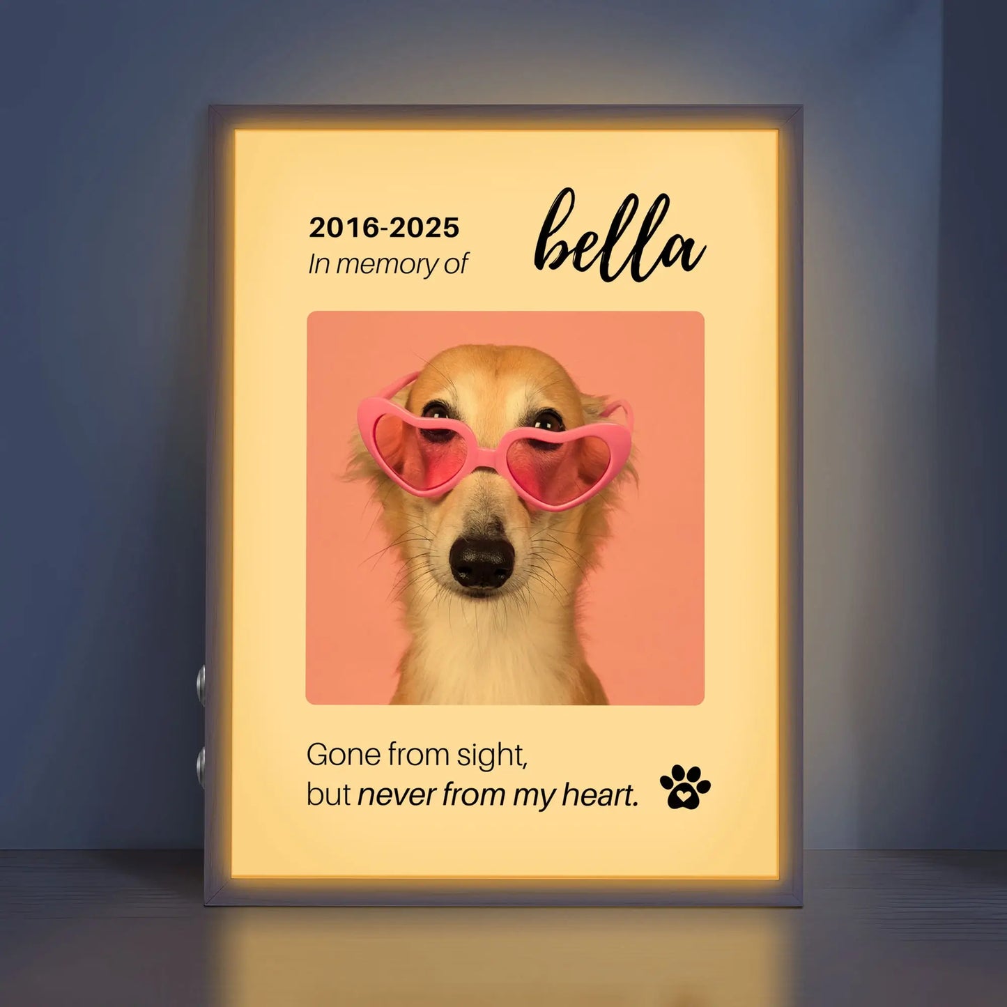 Personalized Dog Memorial Frame – "Never From My Heart" – Vertical