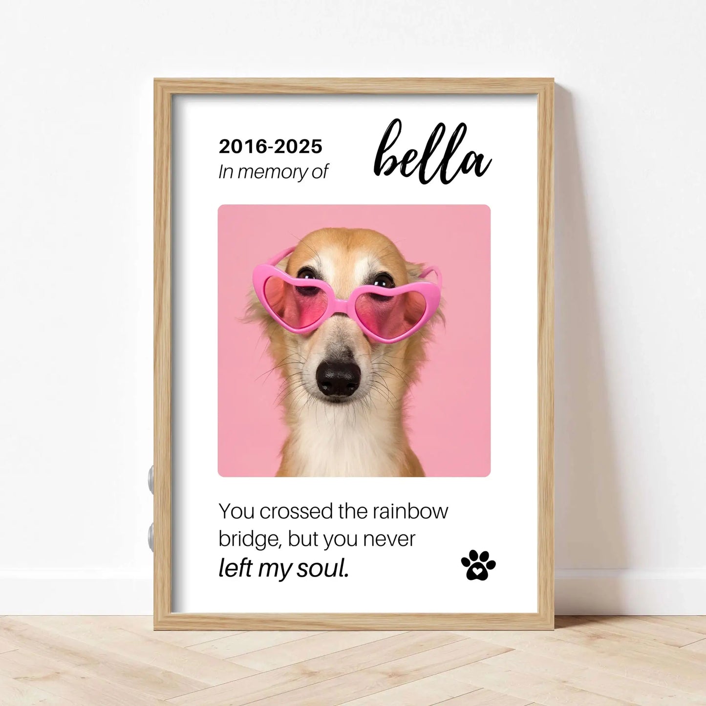 Personalized Dog Memorial Frame – "Rainbow Bridge, Never Left" – Vertical