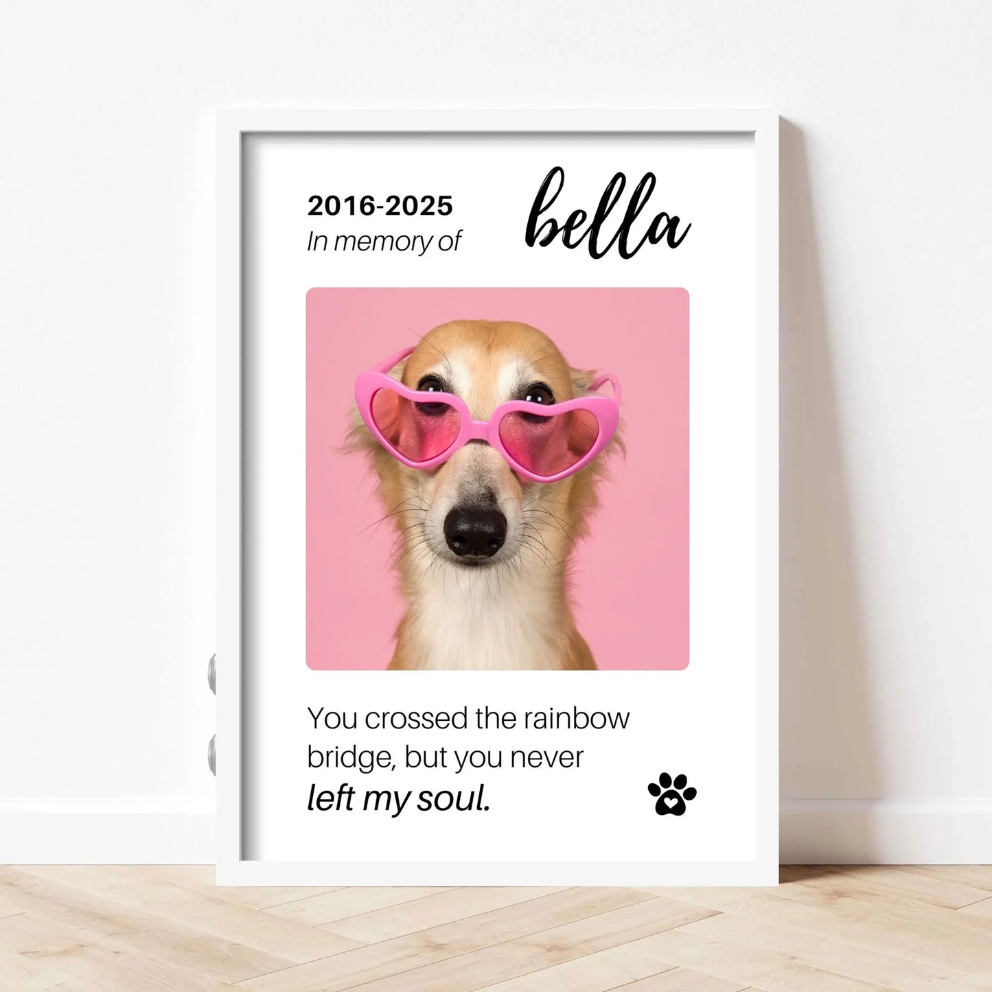 Personalized Dog Memorial Frame – "Rainbow Bridge, Never Left" – Vertical