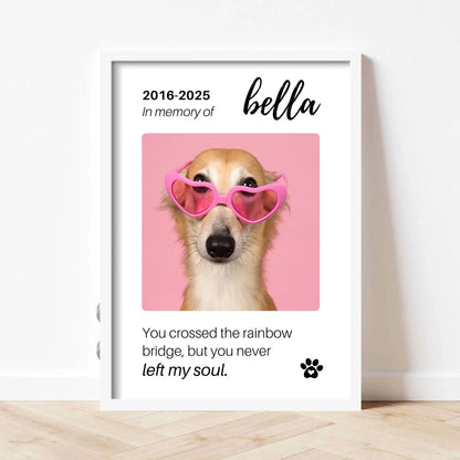 Personalized Dog Memorial Frame – "Rainbow Bridge, Never Left" – Vertical