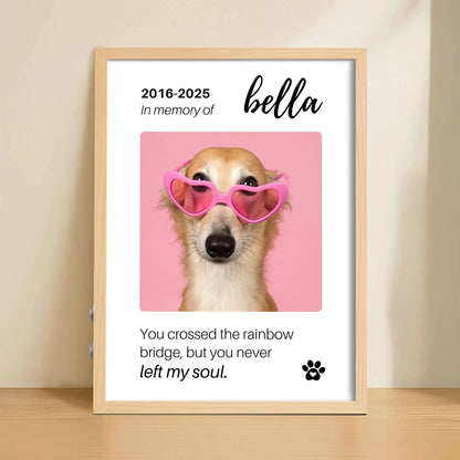 Personalized Dog Memorial Frame – "Rainbow Bridge, Never Left" – Vertical
